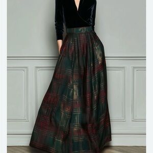 Futario High Waist Velvet Evening Gown W/Full Skirt( L) Black At Top/Plaid Skirt